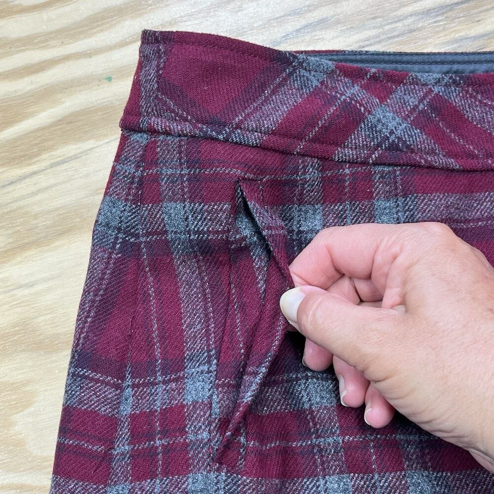 Eddie Bauer Plaid Wool Wrap Maxi Skirt Size 8 Maroon Fringe Academia Preppy - Picture 6 of 13